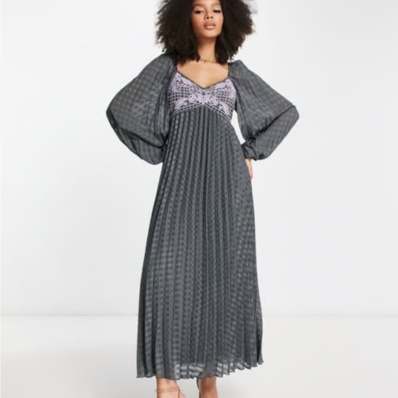 ASOS DESIGN embroidered bust pleated midi dress long sleeve in dark grey 26 - Picture 5 of 14